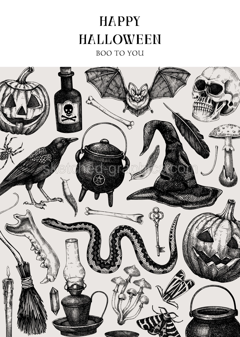 Vintage Halloween banner design. Hand drawn vector illustration. Skull, bones, pumpkin, poisonous mushrooms, snakes, raven sketch. Halloween party invitation, flyer, poster, book cover, card template Illustration